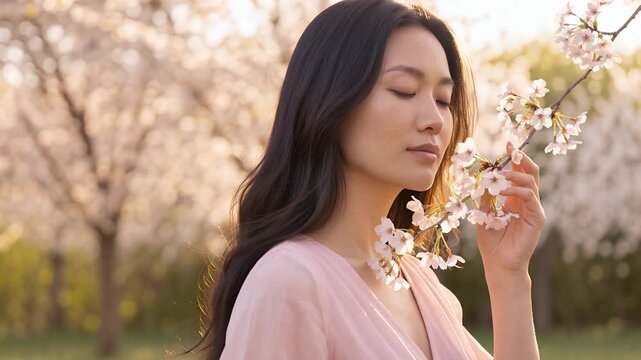 A serene Asian woman with long dark hair, eyes closed, gently smelling delicate pink cherry blossoms in a sunlit spring garden.