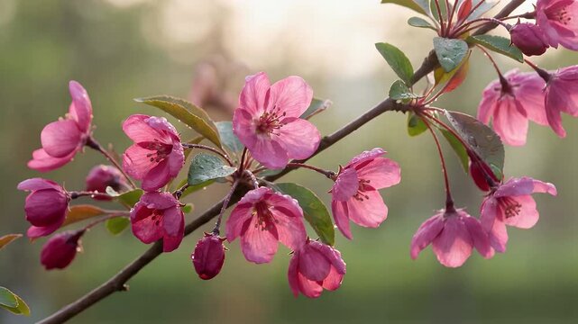 Close-up of a branch adorned with vibrant pink blossoms and delicate dew drops, set against a softly blurred natural background.
