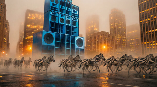 Stampedes of swift zebras in the big city, running through the streets of tall, modern buildings