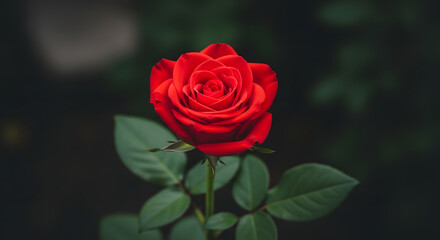 Fototapeta premium A vibrant red rose with lush green leaves on a dark background