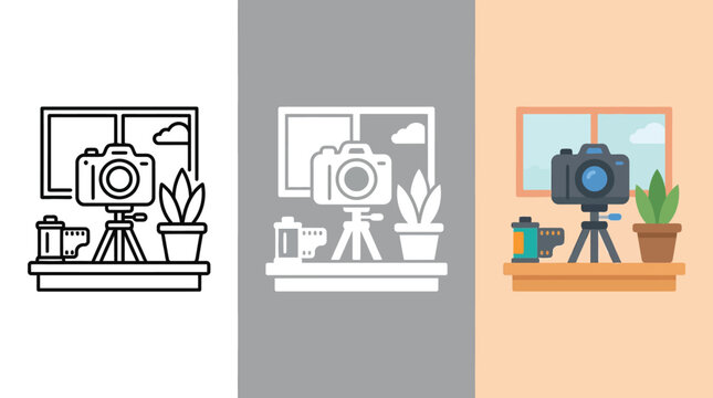 Camera on Tripod by Window with Plant and Film Rolls
