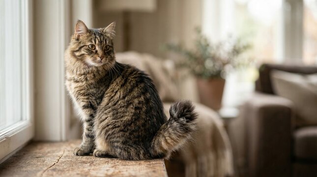 Majestic domestic tabby cat sitting on a wooden windowsill, looking out with soft natural light