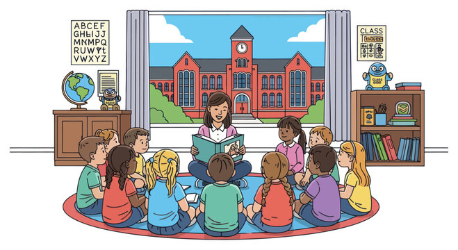 Teacher Reading Book to Diverse Children Circle in Classroom with School Exterior View