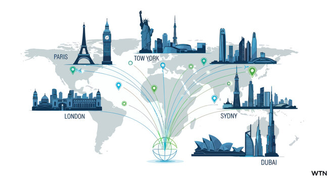 Global Travel Destinations: World Map with Famous City Skylines and Connections