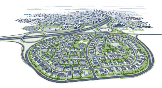 Aerial view of a modern suburban housing development connected to a city skyline via highway.