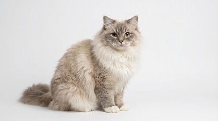 Obraz premium Beautiful fluffy Ragdoll cat with blue eyes and cream fur sitting elegantly on a clean white background