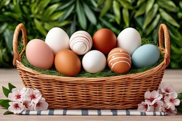 Fototapeta premium Easter basket filled with colorful decorated eggs on grass with spring blossoms