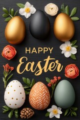 Fototapeta premium Happy Easter banner with golden and black eggs, floral decorations and spring greeting