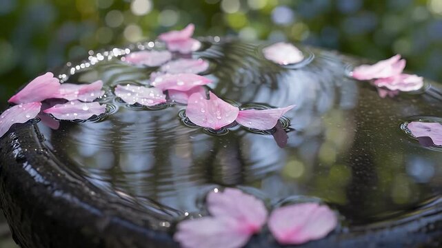 Pink cherry blossom petals floating on the surface of a dark bird bath filled with water, reflecting the blurry green background.