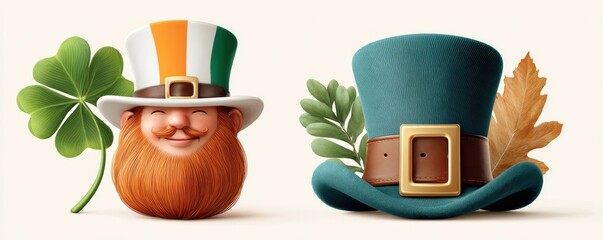 Fototapeta premium Happy St. Patrick's Day leprechaun with shamrock and green top hat for Irish celebration
