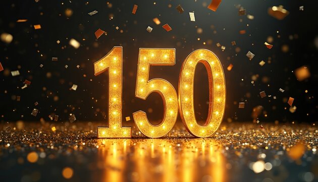 Golden number 150 illuminated with lights. Confetti falls around shiny digits on dark background. Celebrate milestone event anniversary or achievement. Great for party.