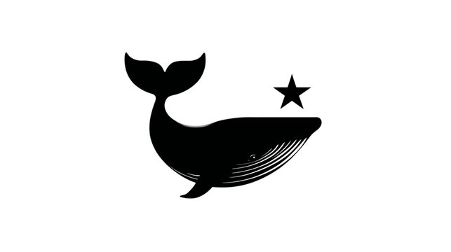 A simple, black whale silhouette with a star next to it, set against a stark white background