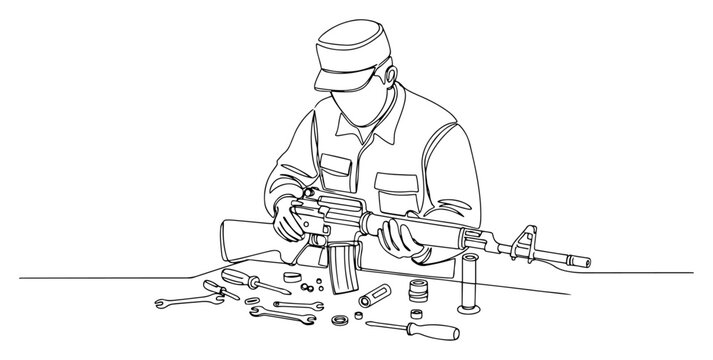 Soldier or gunsmith disassembling and cleaning an assault rifle at a workbench in line art style