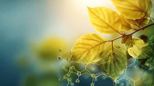 A close-up of yellow and green leaves with a molecular structure in the background