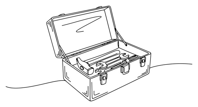 Open industrial toolbox with hand tools in continuous line art style