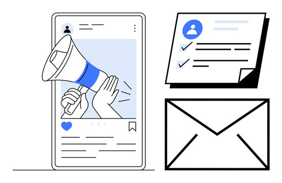 Mobile screen shows hands with a megaphone for promotions, checklist highlights tasks, and envelope symbolizes email. Ideal for marketing, communication, strategy, branding, business, advertising