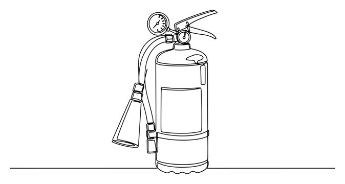 Continuous line drawing of a fire extinguisher with pressure gauge for fire protection and safety