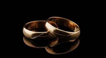 Two golden wedding bands, one slightly angled, reflecting on a black background