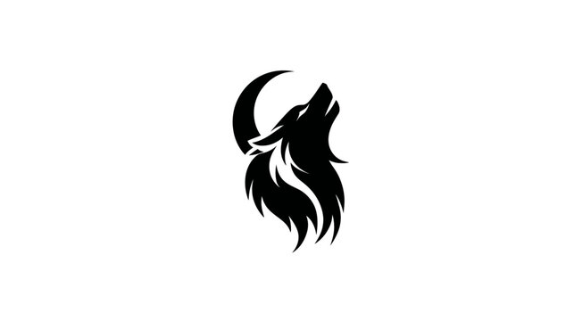 A silhouette of a wolf howling at a crescent moon, on a white background