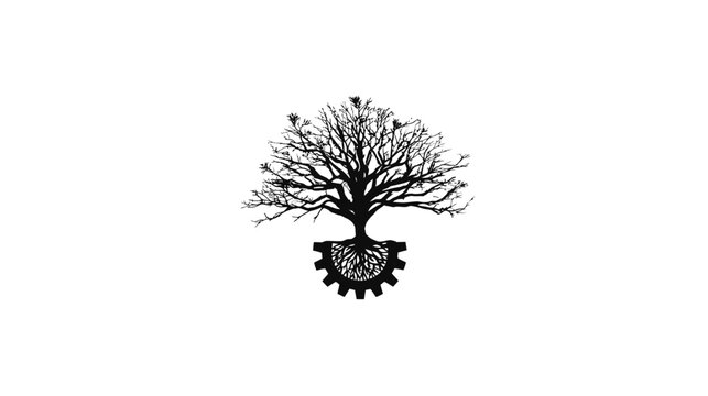 A silhouette of a tree with intricate branches atop a gear-shaped root structure