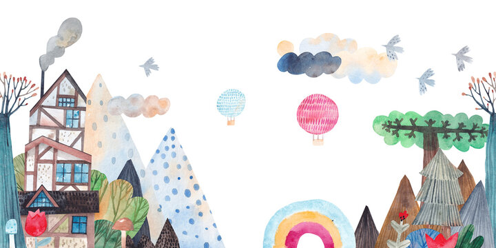 Watercolor cute landscape. Watercolor illustration for a child's room. Nice house in mountains. Wall art.