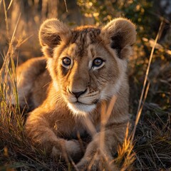 Obraz premium Playful baby big cat in warm light among grasses