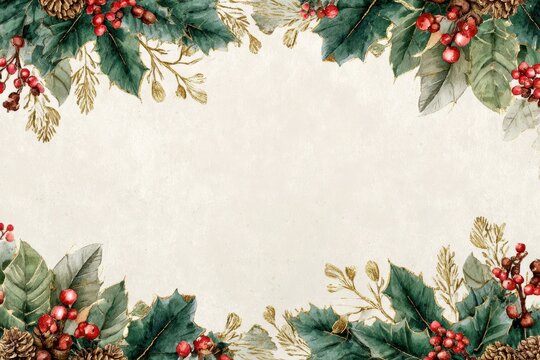 Whimsical holly border design featuring lush leaves, red berries, and pine cones for seasonal frames
