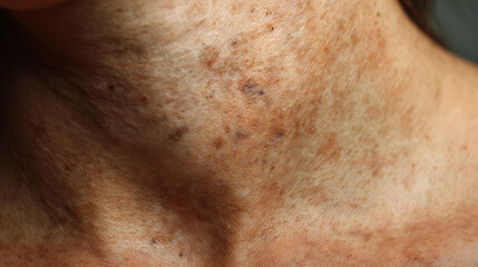 Naklejka premium Close-up detail of human skin texture on a neck and chest showing multiple benign pigmented spots, age blemishes, and sun damage