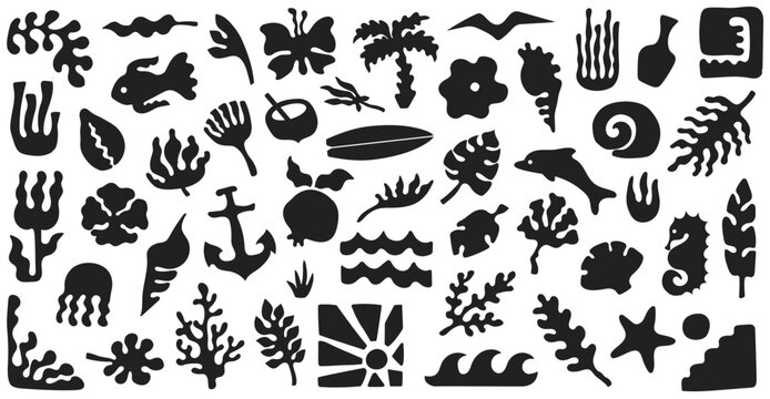 Tropical ocean symbol set, abstract marine silhouettes, boho summer icons. Branding, logo, sticker, packaging, surf shop, beach club, coastal decor assets. Vector illustration.