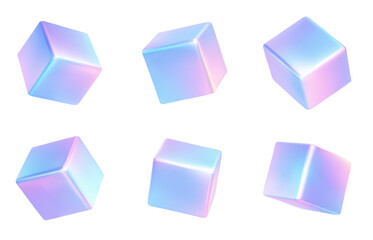 Holographic 3d render for cubes neon cube set and gradient soft glow. Iridescent holo vector for rainbow glossy smooth and geometric shape tech. Holographic pastel futuristic for cubes neon.