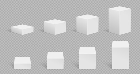 Fototapeta premium Cubes 3d realistic and box cube boxes with set pedestal podium. Stand stage platform and plinth vector mockup with blank white geometric. Shape cubes shadow and transparent background box.