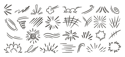 Fototapeta na wymiar Comic anime motion with movement manga doodle and elements speed lines. Burst starburst sparkle with swoosh whoosh impact and zap boom explosion. Smoke cloud comic with curve emphasis movement.