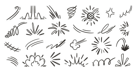 Comic doodle manga and motion lines anime with speed whoosh swoosh. Burst starburst sparkle and shine impact hit with zap pow boom. Sketch comic explosion and smoke motion dynamic with effect. © WinWin