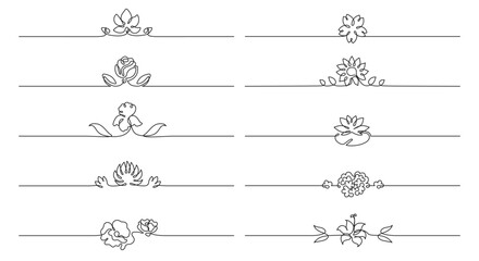 Fototapeta premium Floral borders separators with one line divider frame for ornament flourish lotus. Rose lily iris with peony hydrangea tulip for flowers horizontal border. Flourishes dividers floral.