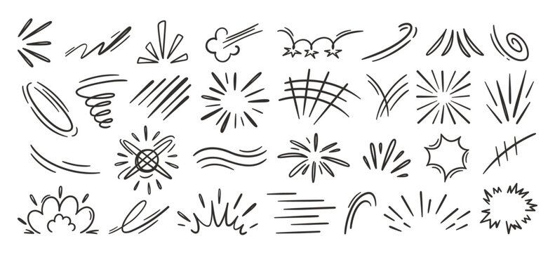 Comic anime motion with movement manga doodle and elements speed lines. Burst starburst sparkle with swoosh whoosh impact and zap boom explosion. Smoke cloud comic with curve emphasis movement.