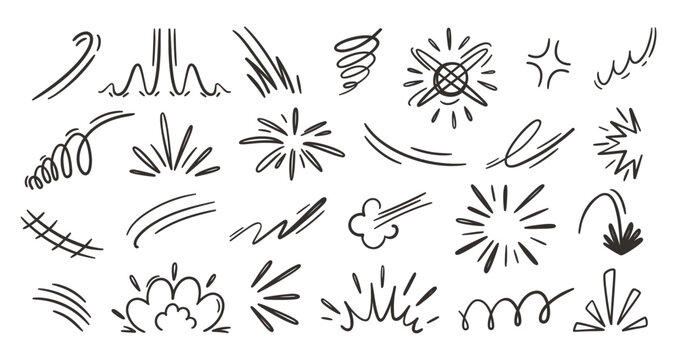 Comic doodle manga and motion lines anime with speed whoosh swoosh. Burst starburst sparkle and shine impact hit with zap pow boom. Sketch comic explosion and smoke motion dynamic with effect.