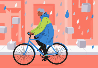 Fototapeta premium A cyclist delivers a rain jacket on a bicycle during a rainy day. Modern illustration style with a vibrant, playful aesthetic.