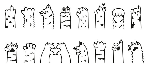 Fototapeta premium Funny cats animal paw gestures set, cute doodle hands, rude finger signs, heart symbol poses, playful mood. Sticker, print, emoji, social media design. Vector illustration