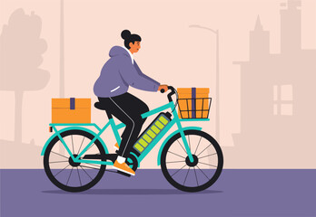 Obraz premium An e-bike courier delivers packages with a stylish stoplight backdrop. Modern illustration, vibrant colors, and a professional delivery scene.