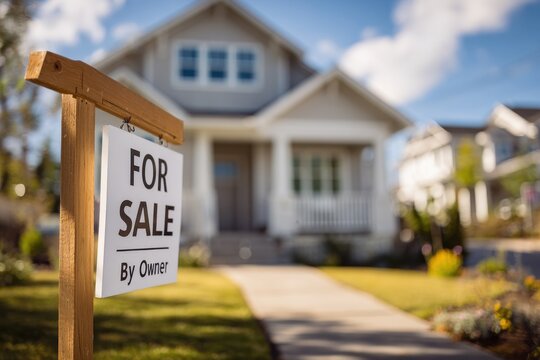 Wooden stake sign for home sale in a quiet residential street with a house in the background