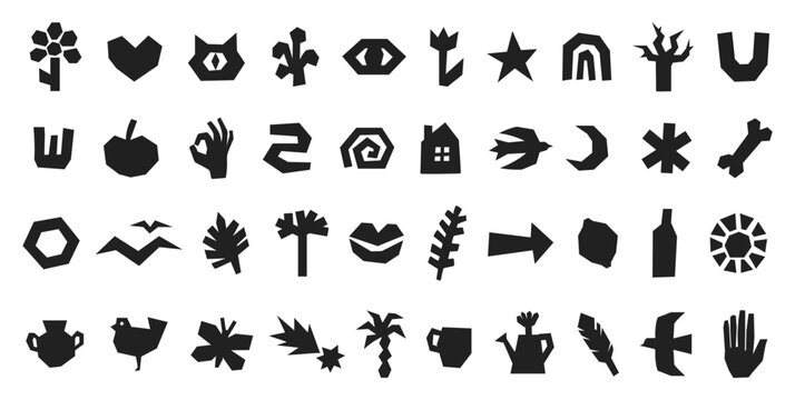 Abstract linocut geometric symbols set, black primitive icons, folk cutout shapes. Logo, branding, label, poster, packaging, sticker, textile, app identity. Vector illustration.