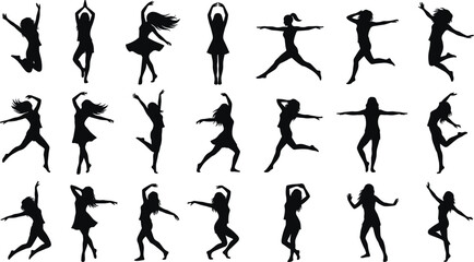 Fototapeta premium Collection of dancing women silhouettes in various poses energetic female dancers isolated on white background set