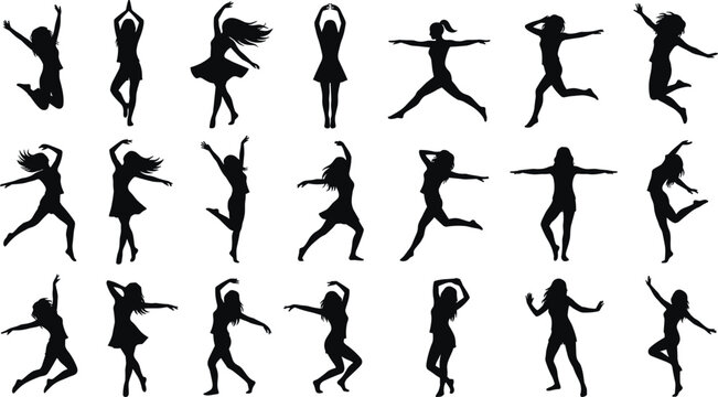 Collection of dancing women silhouettes in various poses energetic female dancers isolated on white background set