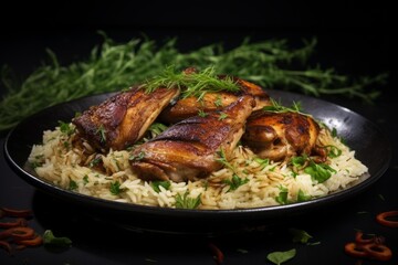 Fototapeta premium Juicy roasted chicken pieces resting on a bed of fluffy rice pilaf with fresh green herbs