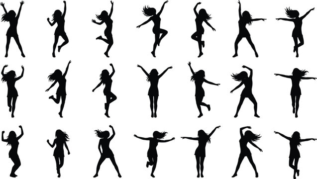 Set of dancing women silhouettes in dynamic poses energetic female dancers isolated on white background