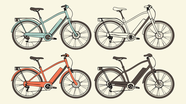 Four modern electric bicycles in different colors, side view, vector illustration