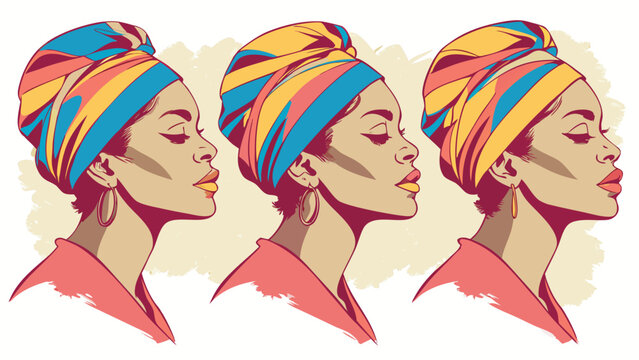 Three women with colorful head wraps in profile - diverse beauty and cultural style