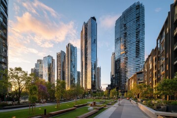 Fototapeta premium Row of sleek apartment towers rising above a tree-lined courtyard in a vibrant city neighborhood