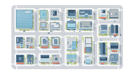 Aerial View of Modern City Block with Diverse Buildings and Streets © Ika