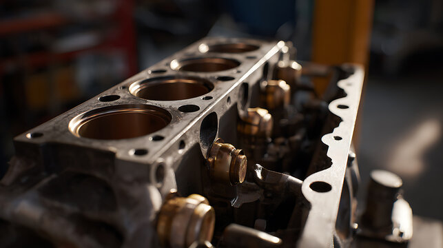 Close-up of a disassembled four-cylinder engine block with internal components exposed, ready for maintenance or repair in a garage setting